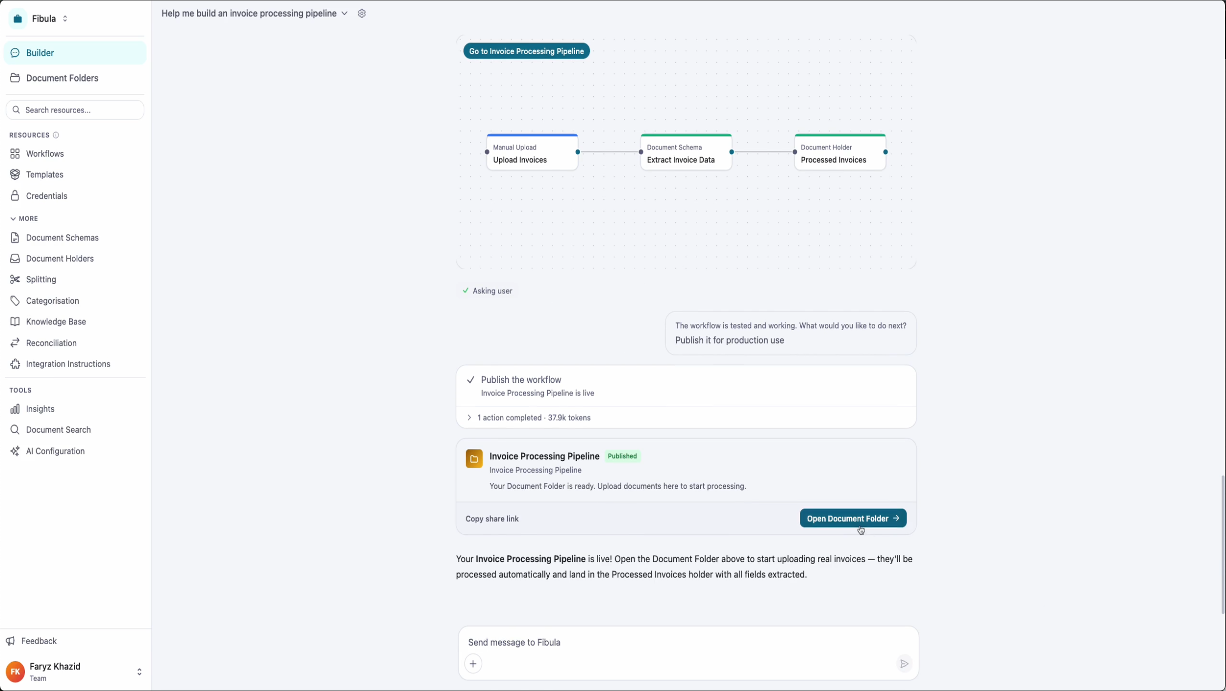 The agent confirming the workflow is published and linking to the Document Folder