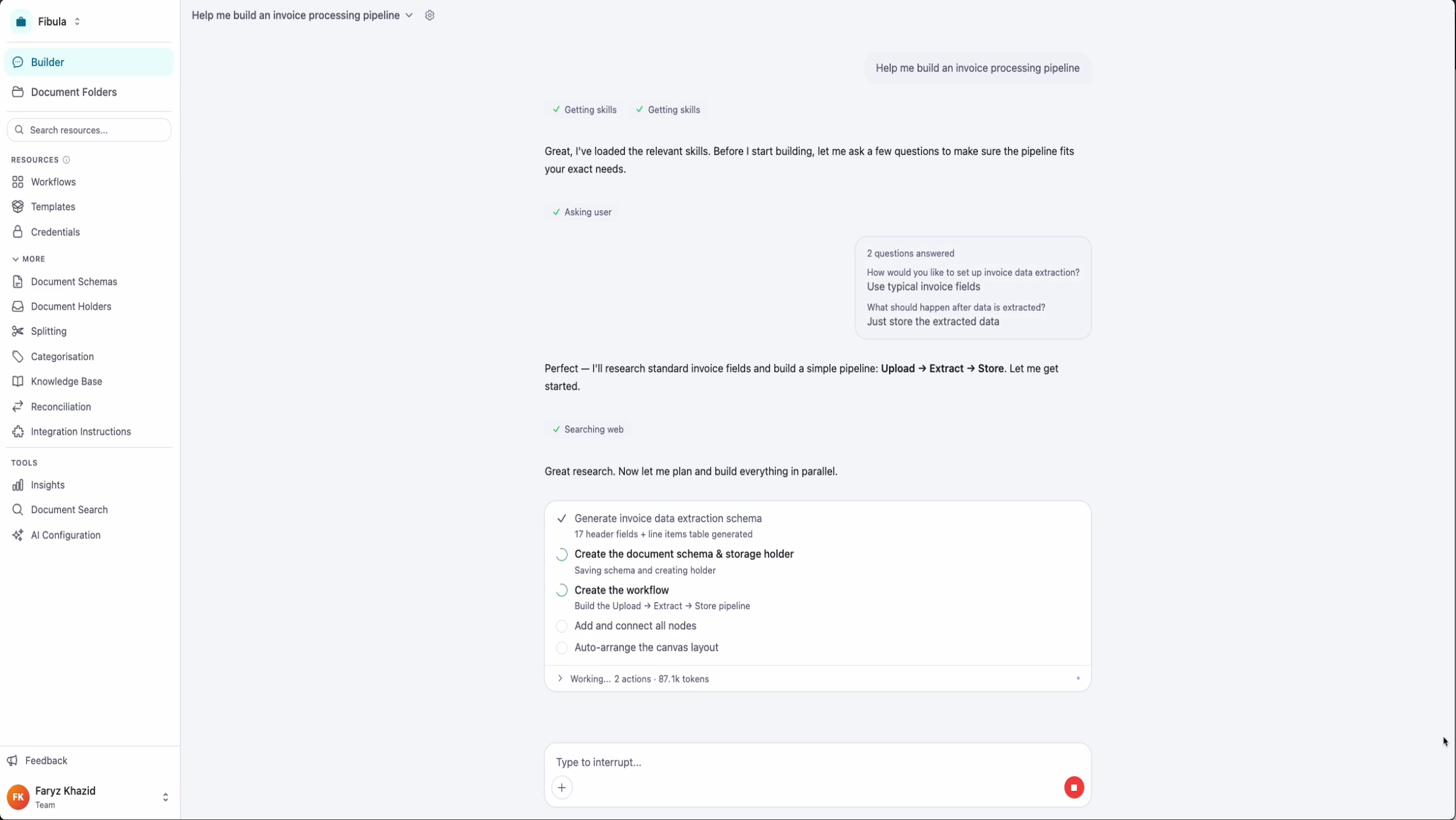 The Fibula agent taking action and reporting progress in chat